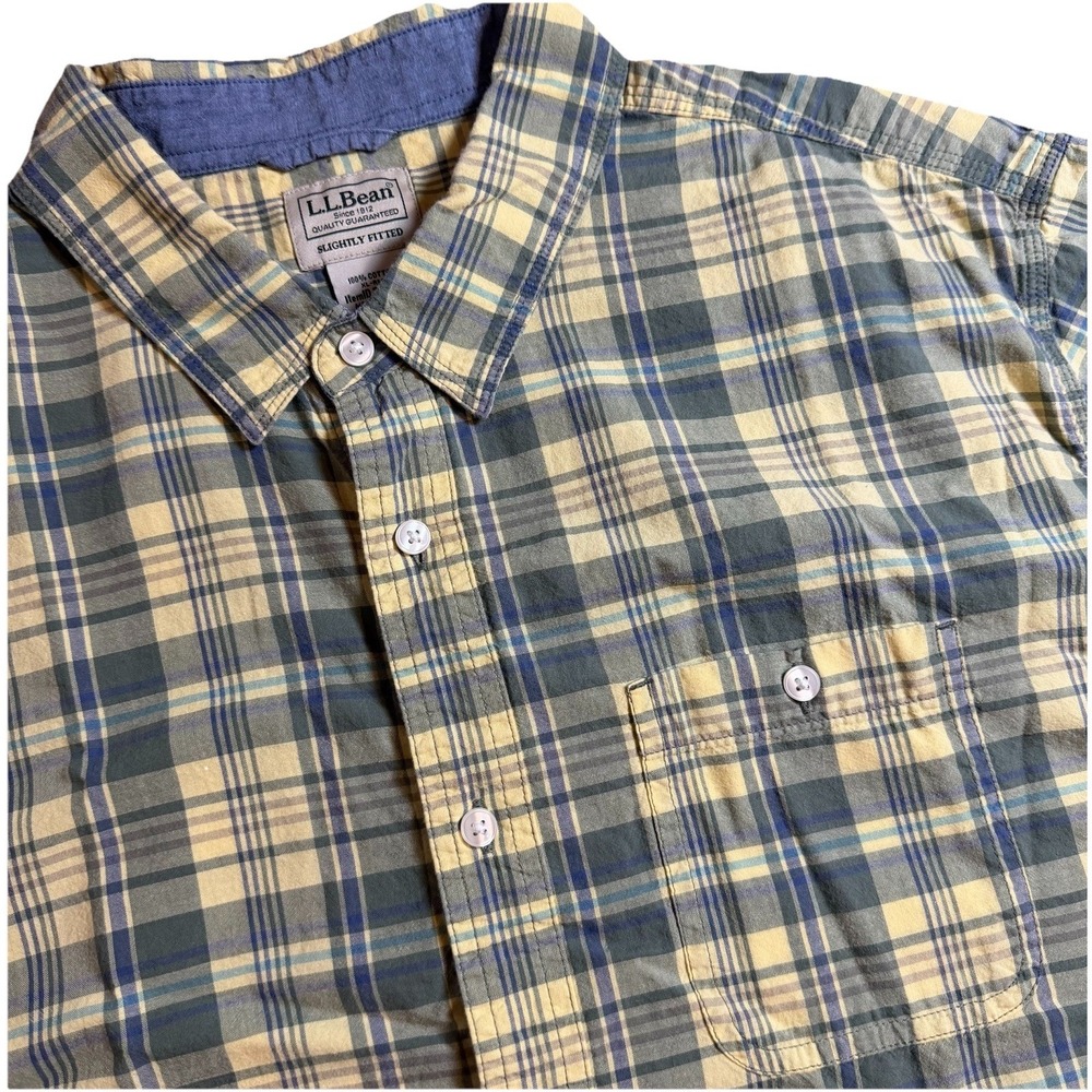 L.L. Bean Mens XL Cotton Plaid Slightly Fitted Button-Up Shirt Hiking Green